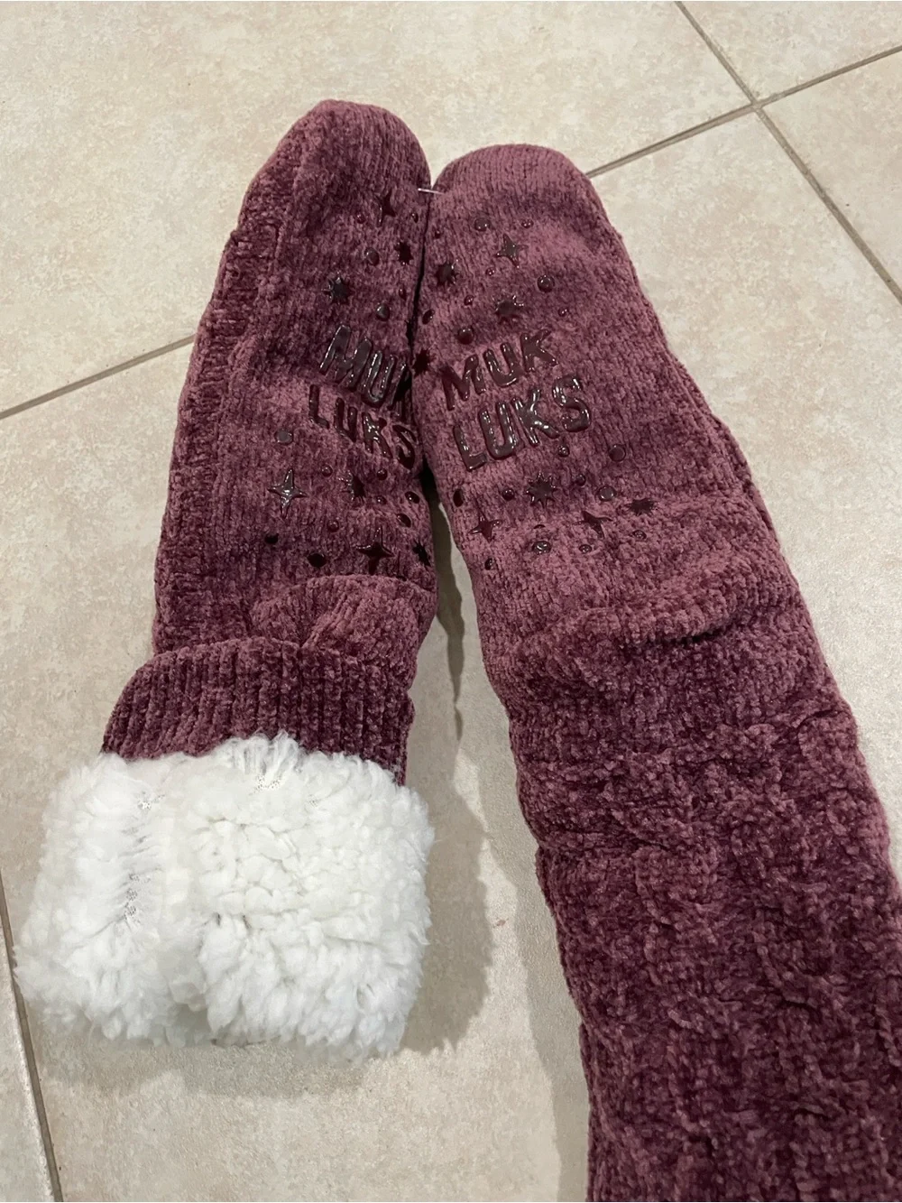 Muk Luks Deep Plum Chenille Gripper Boot Socks with Sherpa Lining